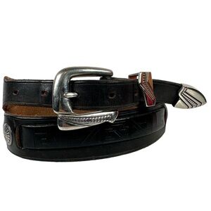 Black Leather Belt western Silver Buckle concho southwestern cowboy cowgirl boho